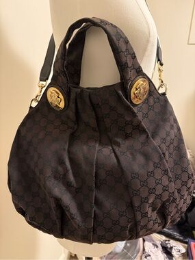 Gucci Brown and Black GG Canvas Hobo bag with Gold Medallions